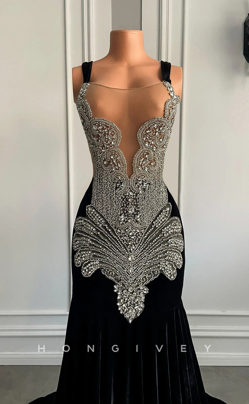 L2895 - Trumpet Bateau Spaghetti Straps Beaded Appliques Party Prom Evening Dress For Black Women - Fashionpara