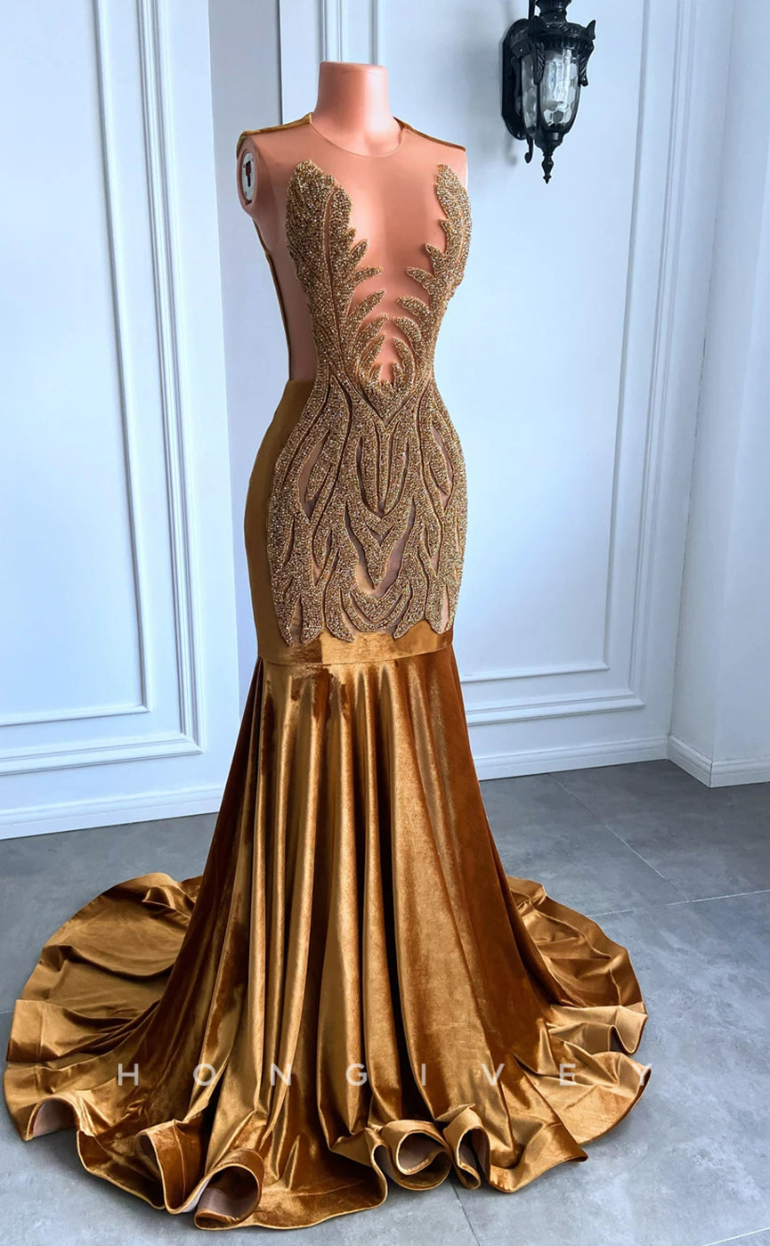 L2897 - Sheer Round Beaded Trumpet Party Prom Evening Dress For Black Women - Fashionpara