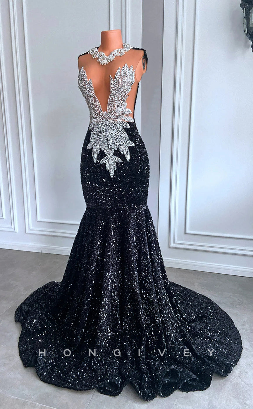 L2905 - Chic Trumpet Illusion Beaded Sequined Party Prom Evening Dress For Black Women - Fashionpara