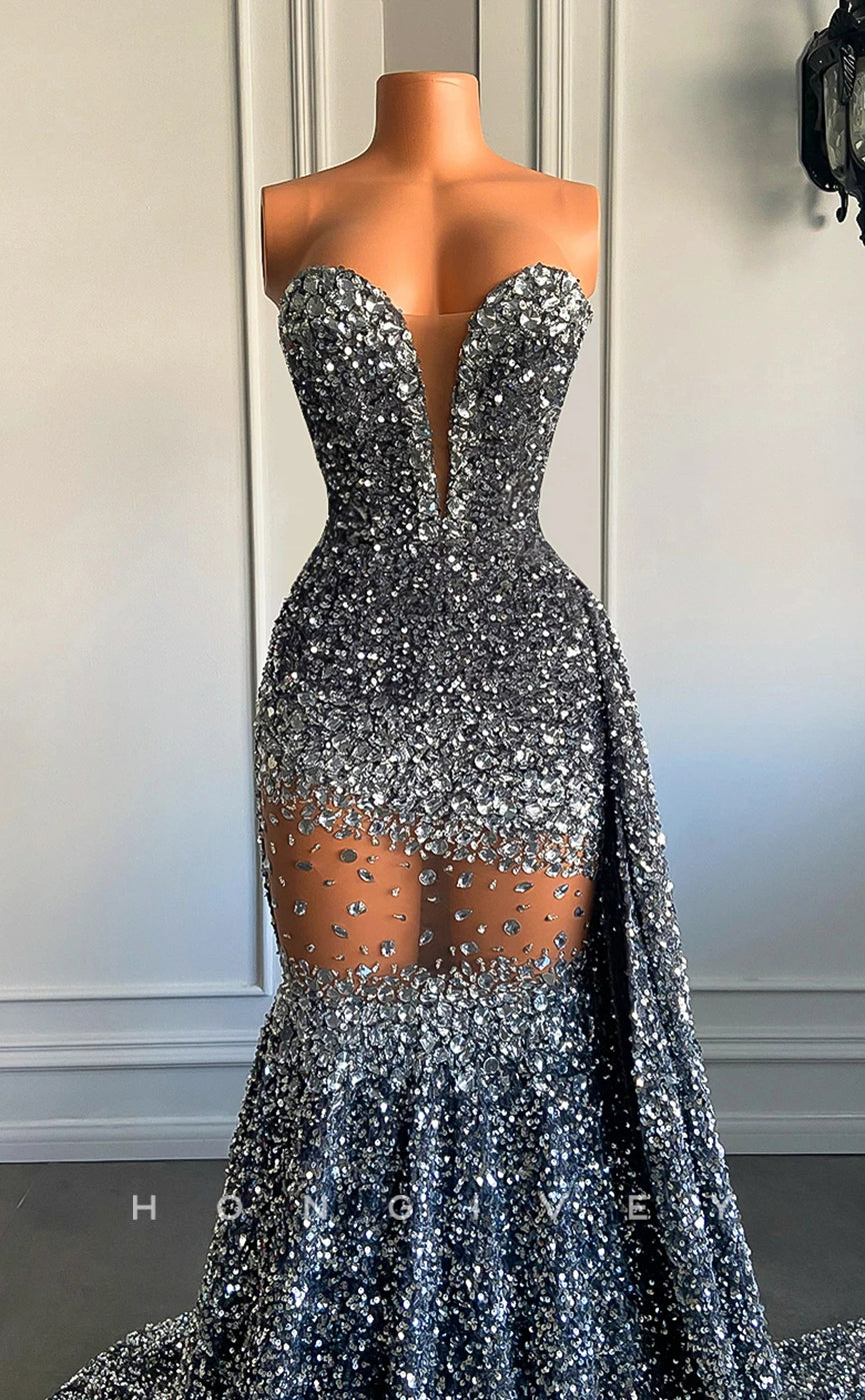 L2898 - Sweetheart Strapless Beaded Illusion With Train Party Prom Evening Dress For Black Women - Fashionpara