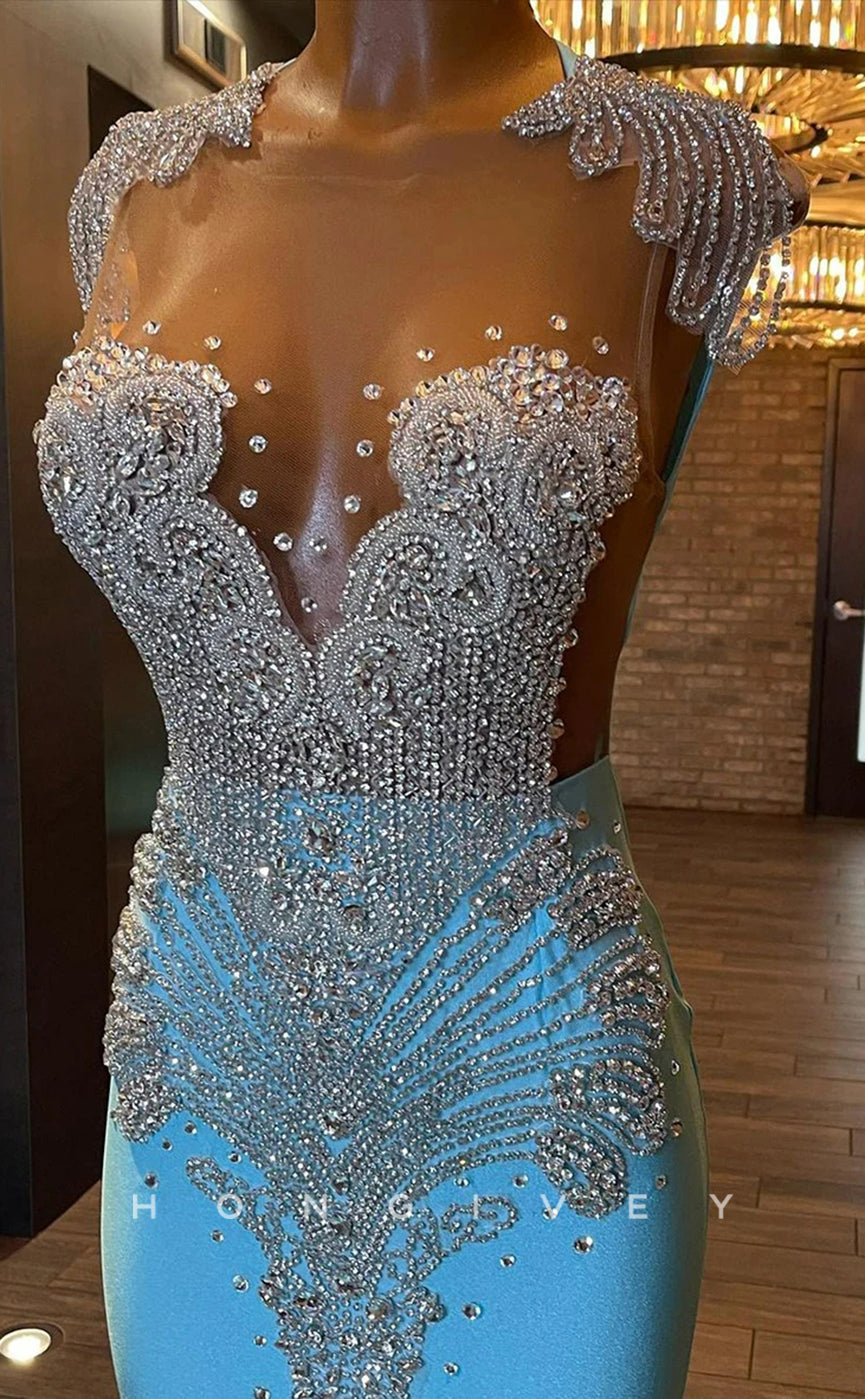 L2899 - Sparkly Trumpet Round Beaded Appliques Party Prom Evening Dress For Black Women - Fashionpara