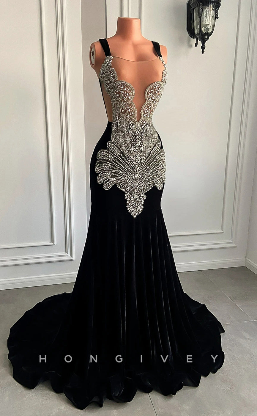 L2895 - Trumpet Bateau Spaghetti Straps Beaded Appliques Party Prom Evening Dress For Black Women - Fashionpara