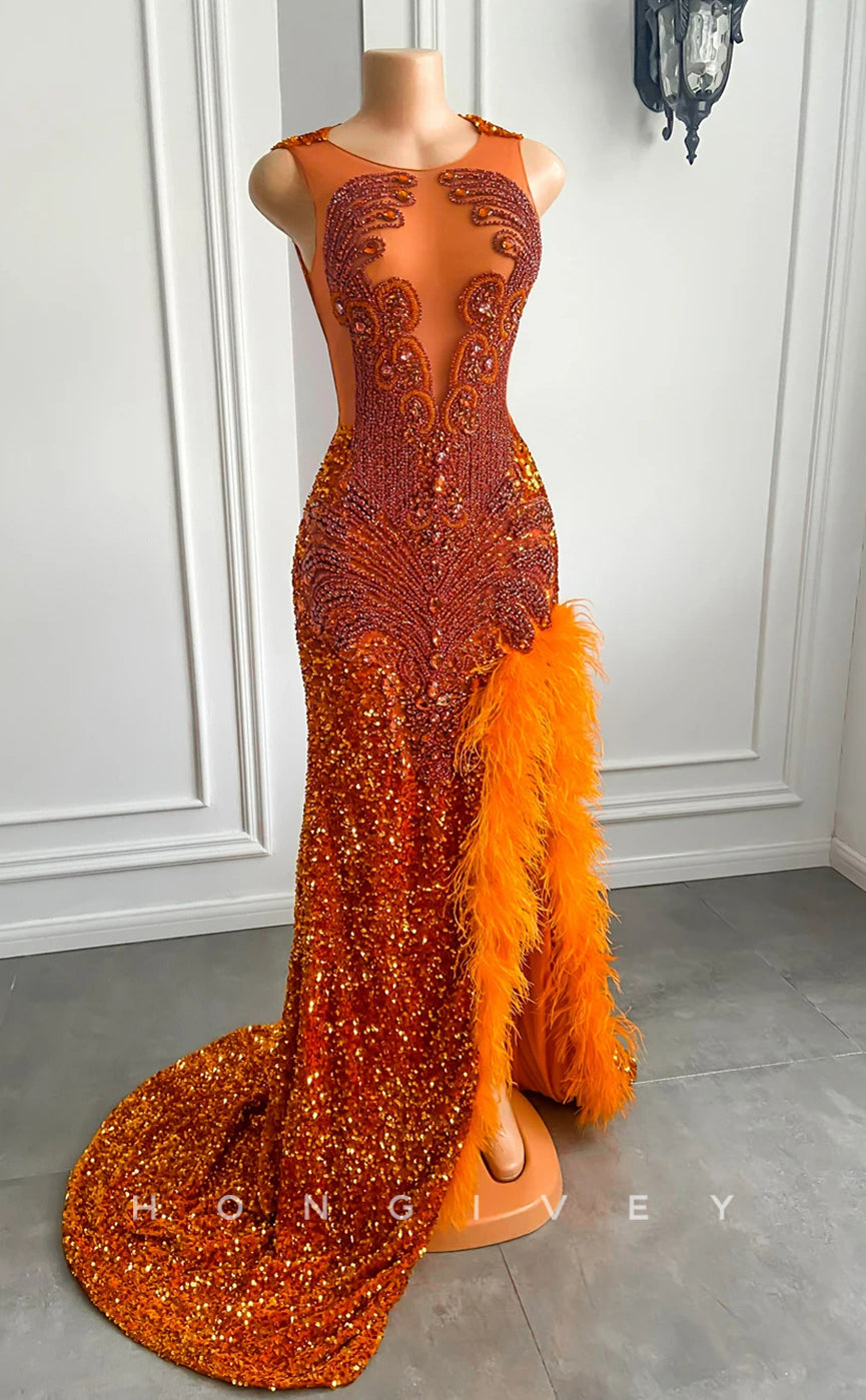 L2911 - Chic Trumpet Beaded Sequined Feathers Party Prom Evening Dress For Black Women - Fashionpara