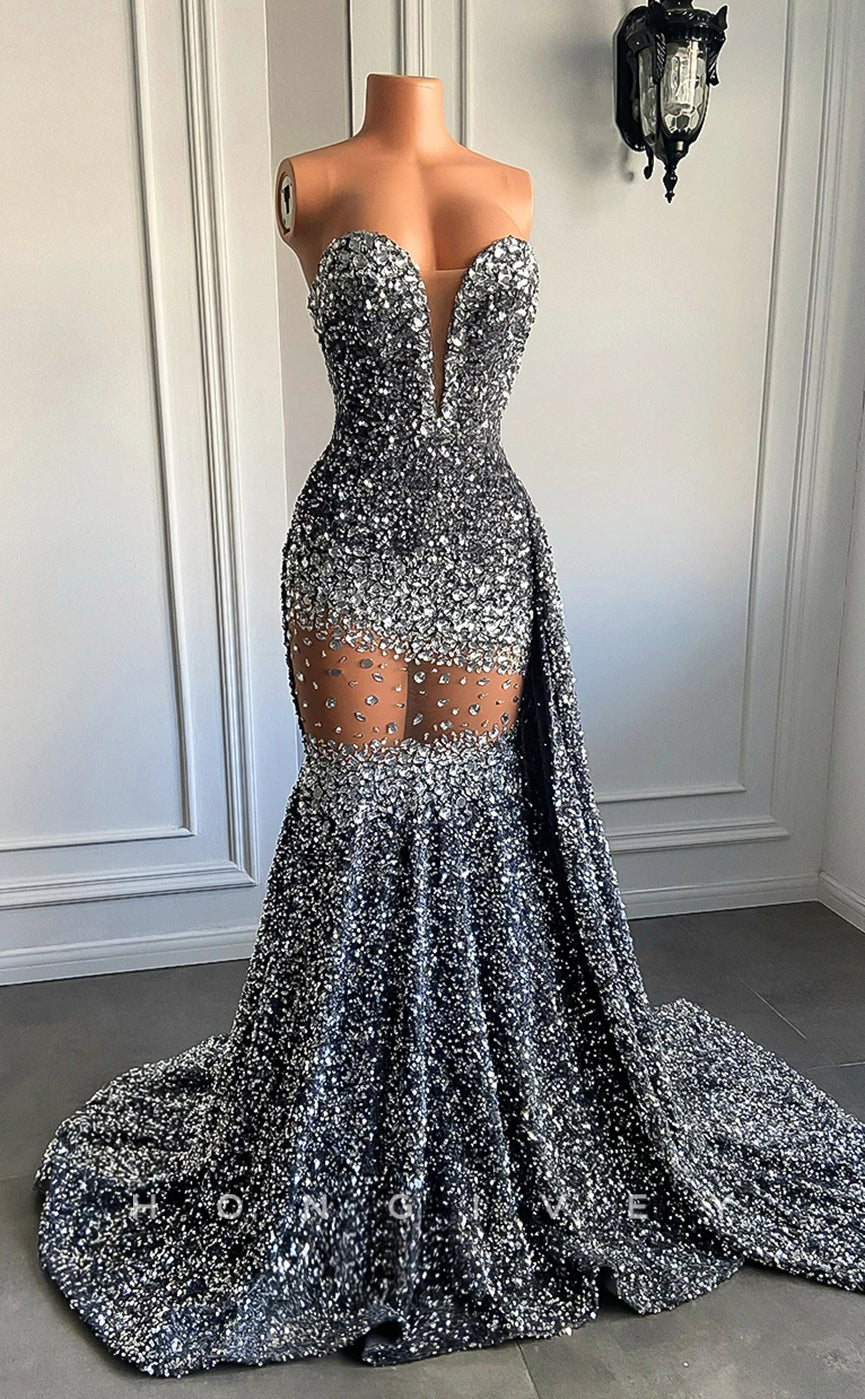 L2898 - Sweetheart Strapless Beaded Illusion With Train Party Prom Evening Dress For Black Women - Fashionpara