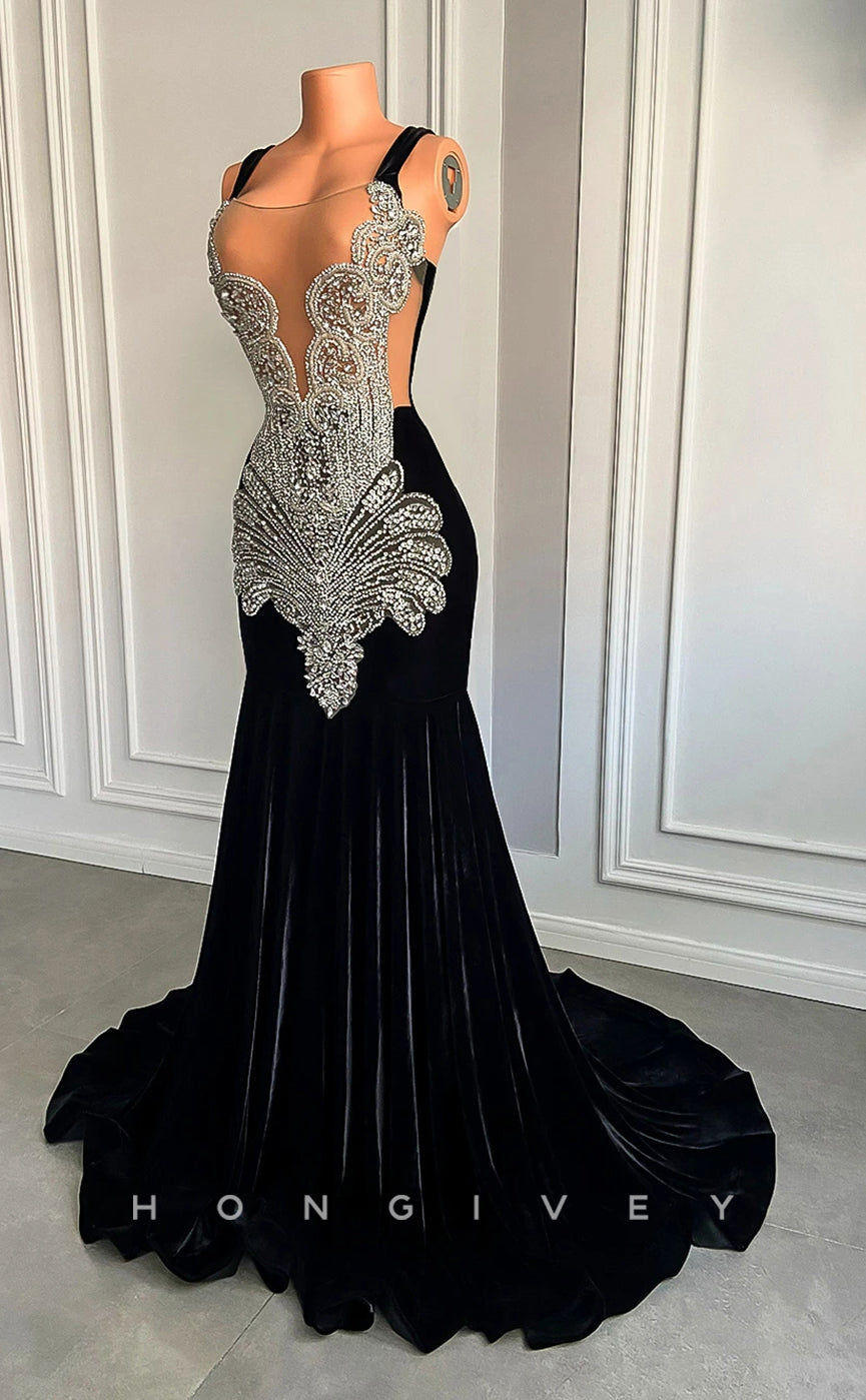 L2895 - Trumpet Bateau Spaghetti Straps Beaded Appliques Party Prom Evening Dress For Black Women - Fashionpara