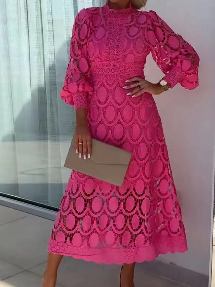 Lace Mock Neck Puff Sleeve Structured Waistband A-Line Midi Dress - View 2