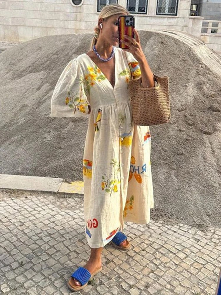 Graphic Print Puff Sleeve Button Front Gathered Waist Midi Dress - View 4