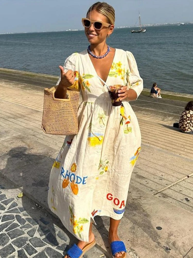 Graphic Print Puff Sleeve Button Front Gathered Waist Midi Dress