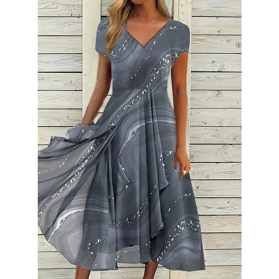 Marble Print V-Neck Short Sleeve High Low Chiffon Midi Dress 2