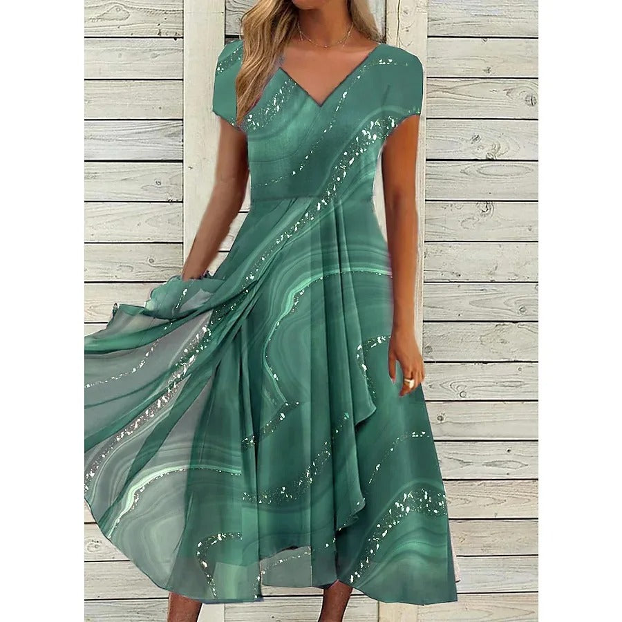 Marble Print V-Neck Short Sleeve High Low Chiffon Midi Dress 3