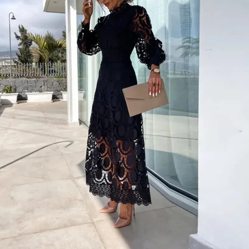 Geometric Lace Mock Neck Puff Sleeve Cinched Waist Midi Dress - View 7