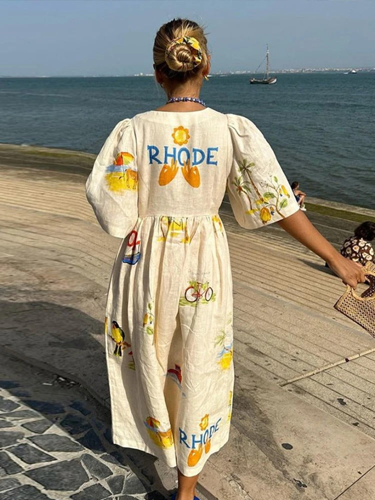 Graphic Print Puff Sleeve Button Front Gathered Waist Midi Dress - View 2
