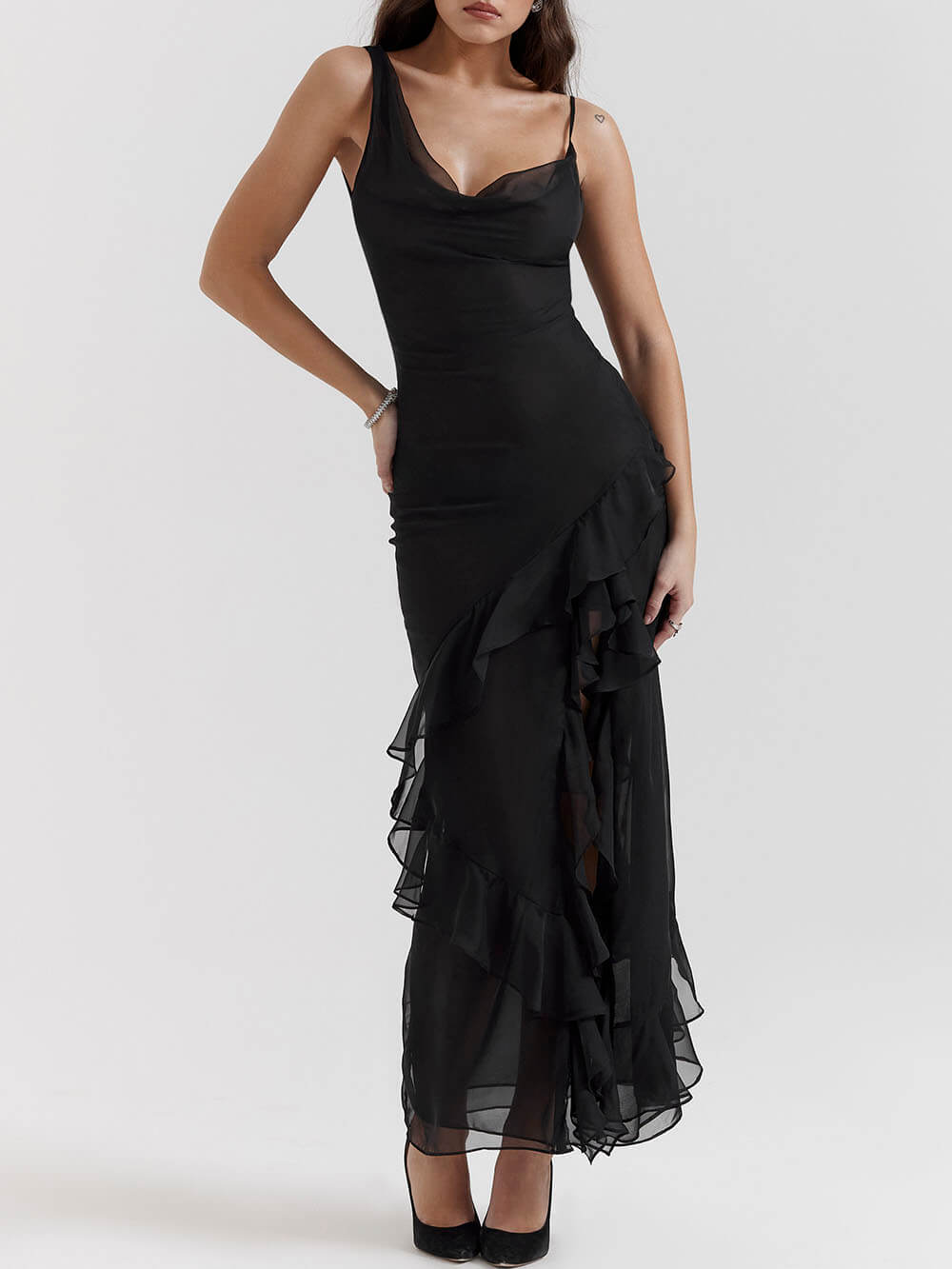 Black Ruffle Maxi Dress - Fashionpara