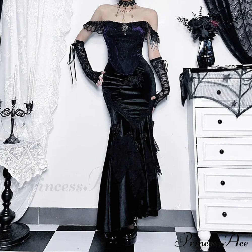 Mall Goth Velvet Fishtail Women Vintage Jacquard Hip Wrap Fairy Grunge Victorian Ladies SteamLong Skirt