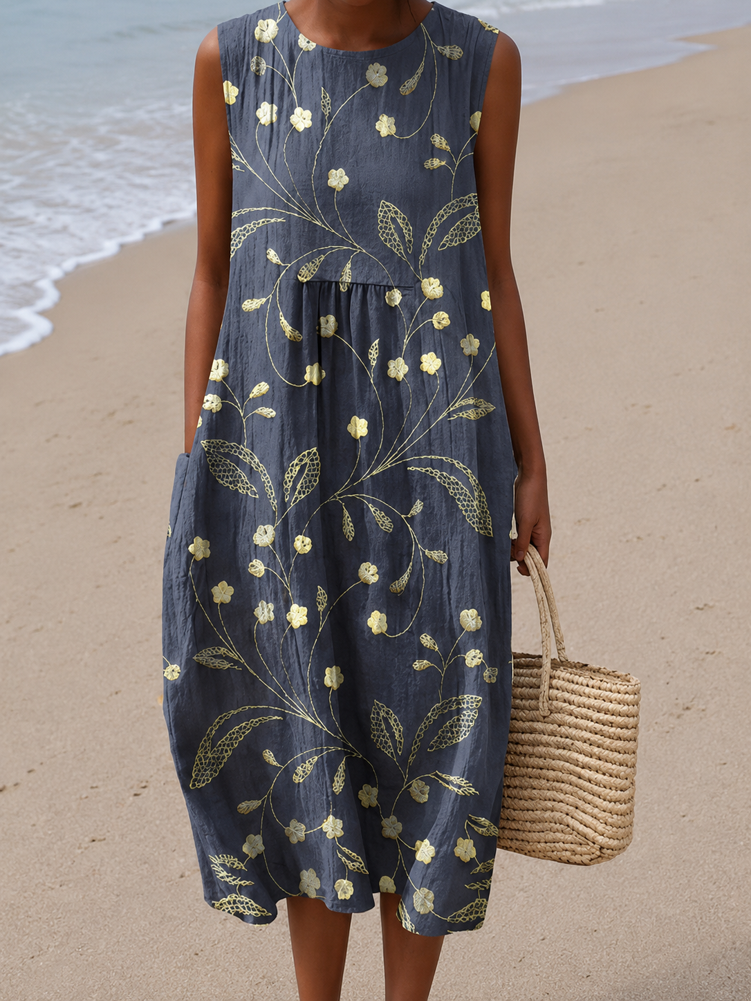 Crew Neck Sleeveless Floral Embroidered Pocket Midi Dress