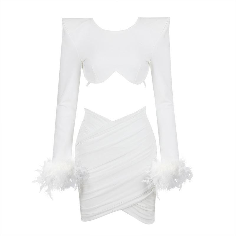 KittenAlarm - Margaret Feather Long Sleeve Round Neck Top & Asymmetrical Mini Skirt