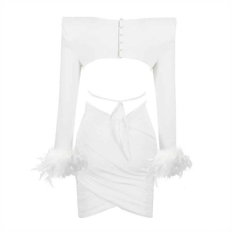 KittenAlarm - Margaret Feather Long Sleeve Round Neck Top & Asymmetrical Mini Skirt