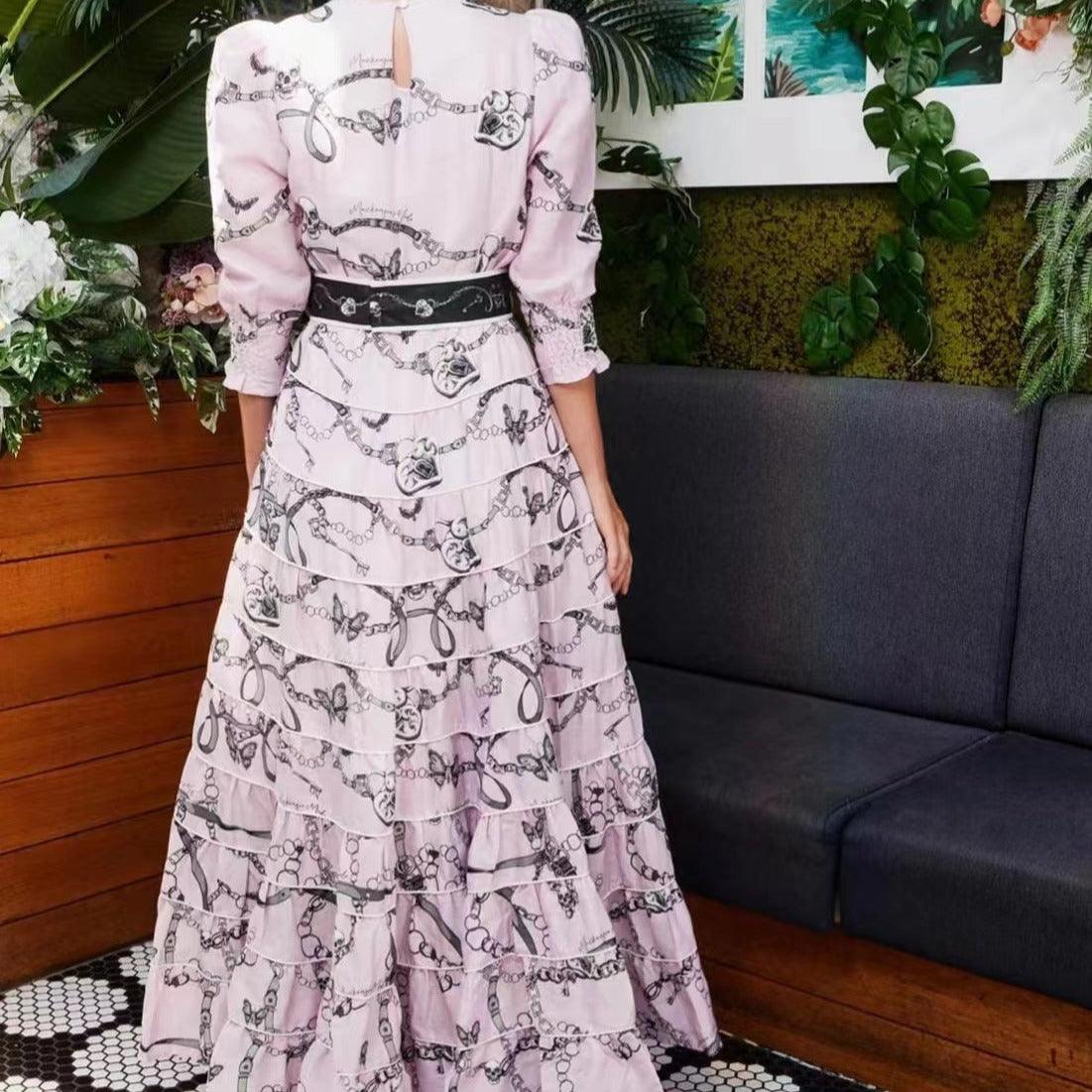 Chain Print Round Neck Long Sleeve Belted Tiered Maxi Dress