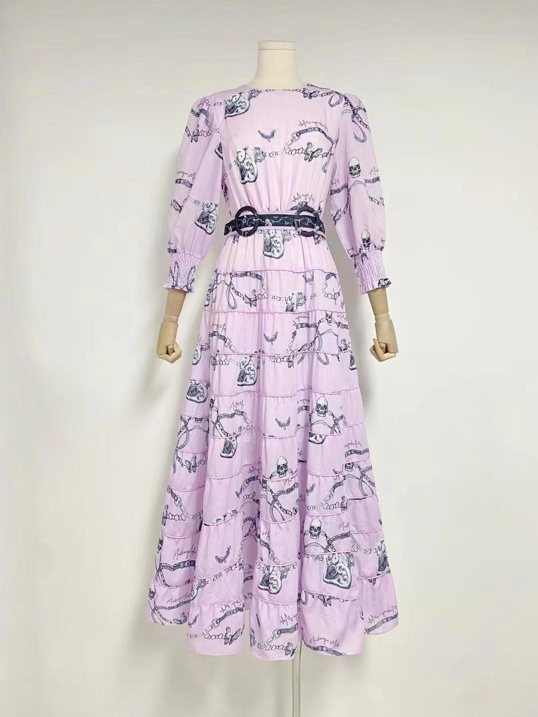 Chain Print Round Neck Long Sleeve Belted Tiered Maxi Dress