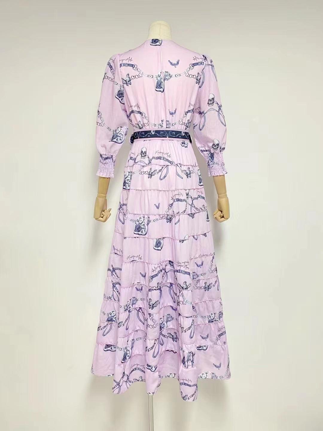 Chain Print Round Neck Long Sleeve Belted Tiered Maxi Dress