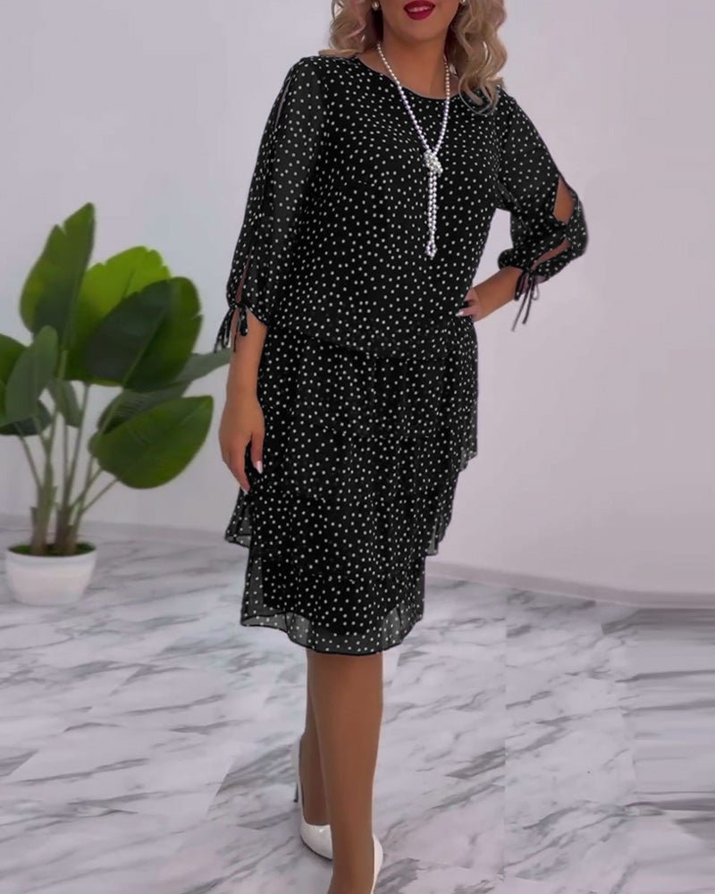 Polka Dot Chiffon Three Quarter Sleeve Tie Cuff Tiered Midi Dress - View 9