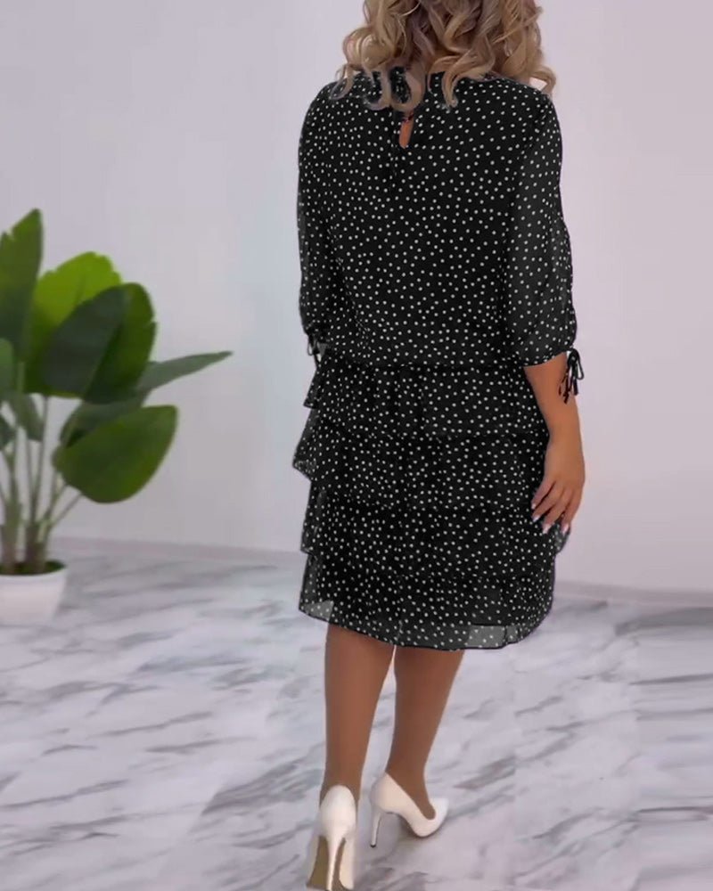 Polka Dot Chiffon Three Quarter Sleeve Tie Cuff Tiered Midi Dress - View 10