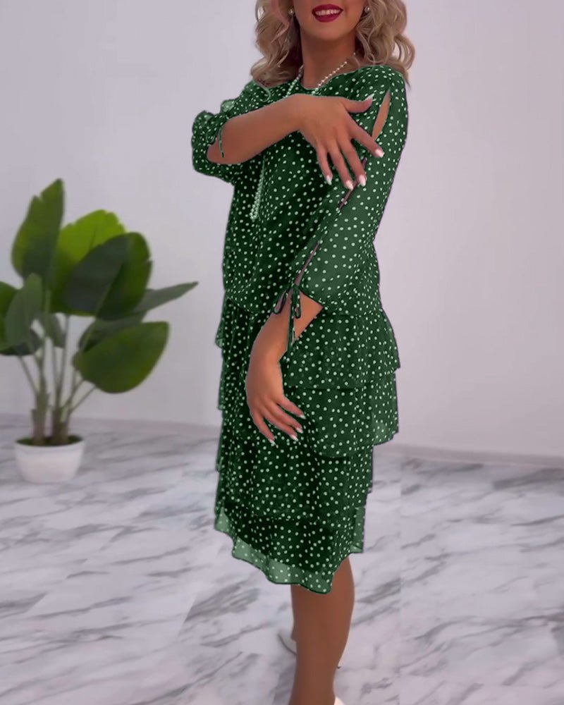 Polka Dot Chiffon Three Quarter Sleeve Tie Cuff Tiered Midi Dress - View 15
