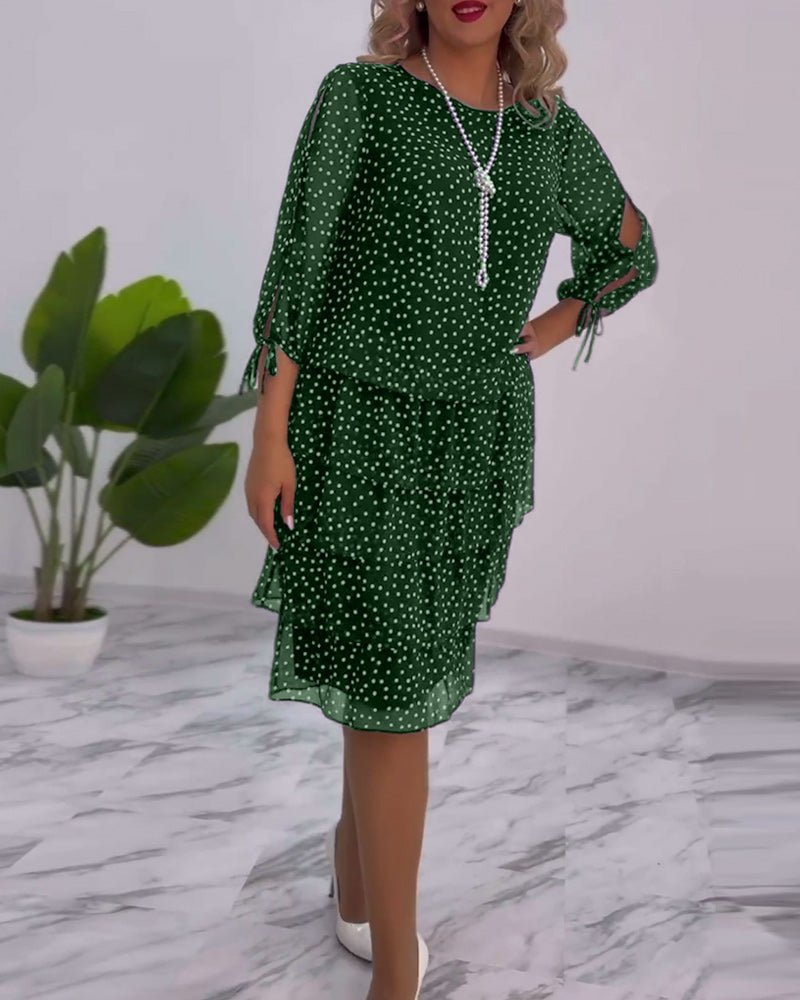 Polka Dot Chiffon Three Quarter Sleeve Tie Cuff Tiered Midi Dress - View 12