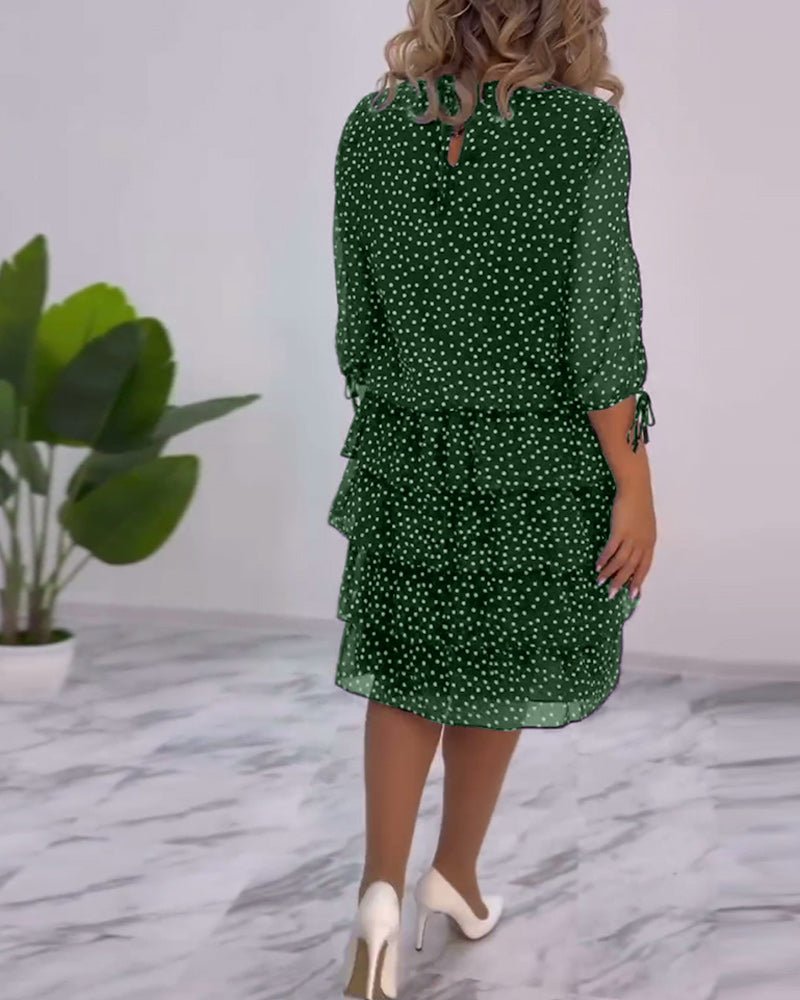 Polka Dot Chiffon Three Quarter Sleeve Tie Cuff Tiered Midi Dress - View 13