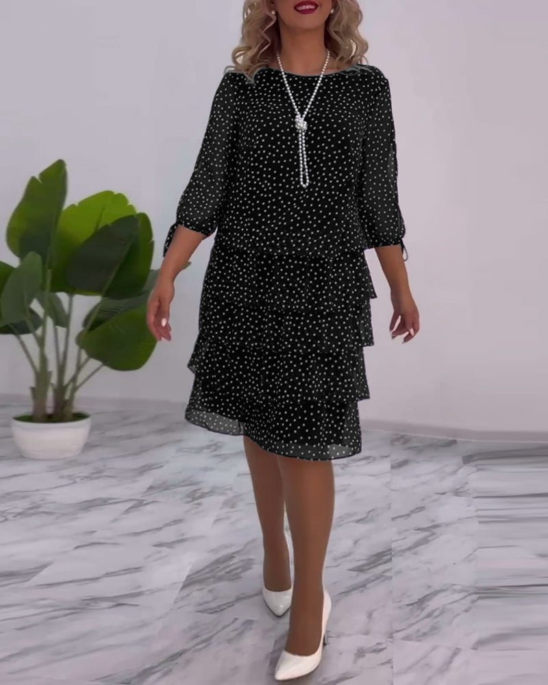 Polka Dot Chiffon Three Quarter Sleeve Tie Cuff Tiered Midi Dress - View 11