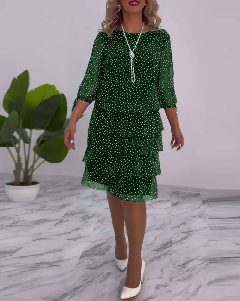 Polka Dot Chiffon Three Quarter Sleeve Tie Cuff Tiered Midi Dress - View 14