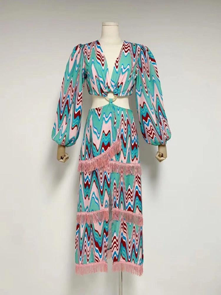 KittenAlarm - Marie Ring Linked Fluid Pattern Layered Tassel Dress