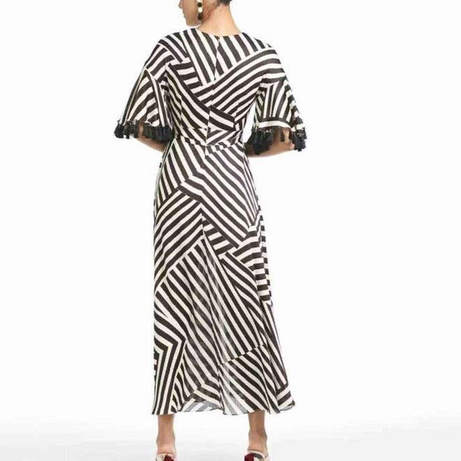 Striped Print V-Neck Flutter Sleeve Wrap Maxi Dress