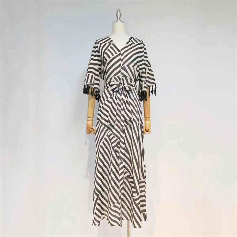 Striped Print V-Neck Flutter Sleeve Wrap Maxi Dress