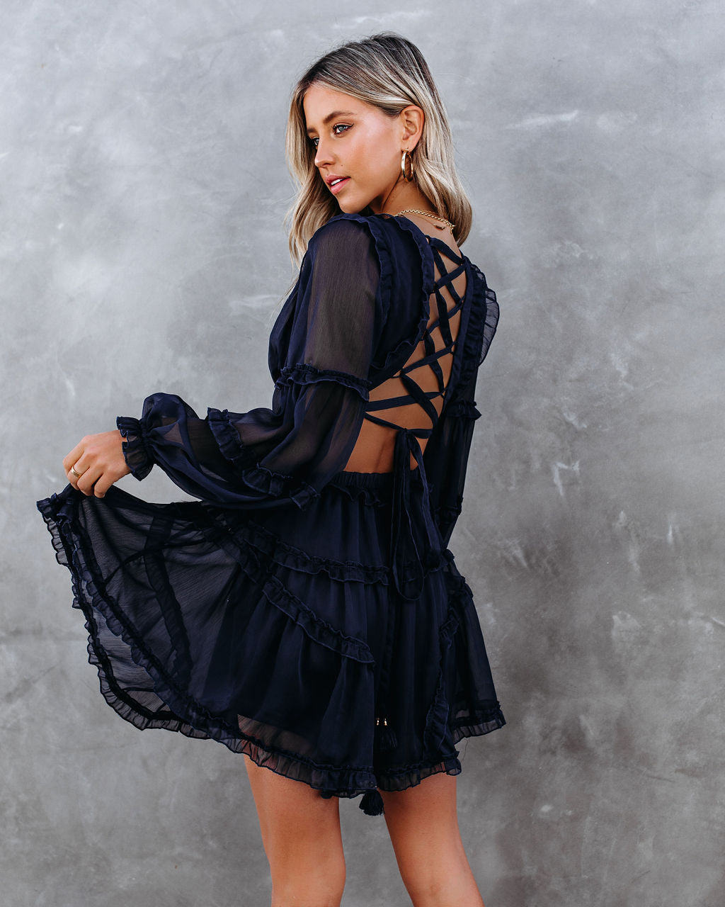 Marie Ruffle Tiered Cutout Dress - Navy