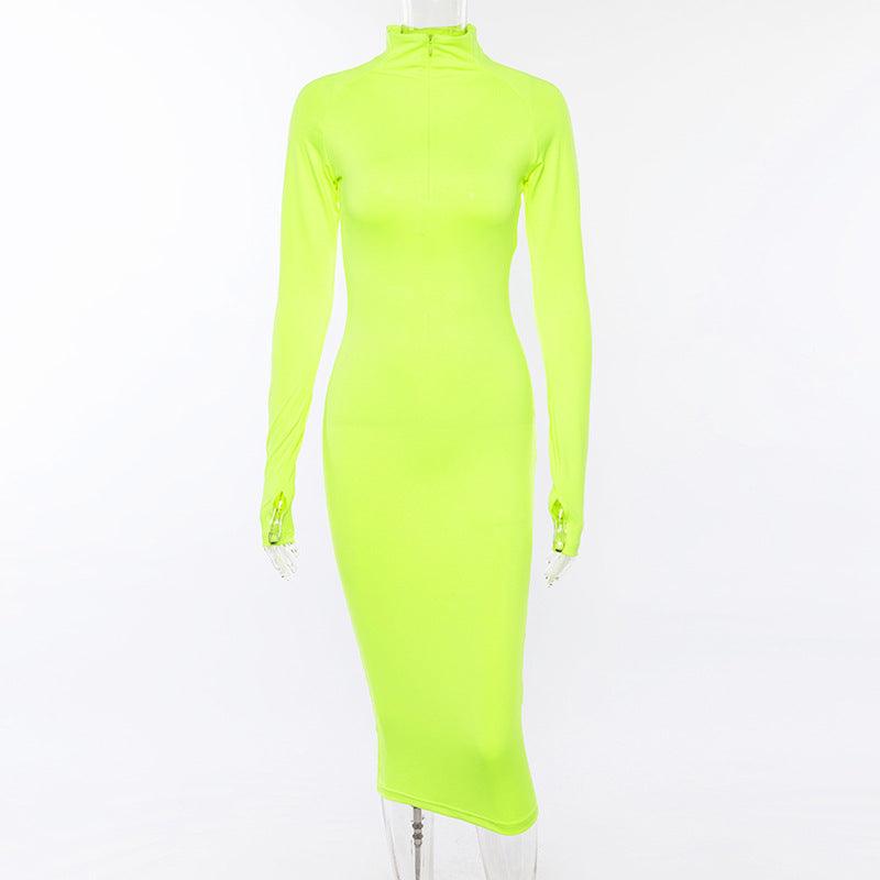 High Neck Long Sleeve Zip Front Bodycon Dress