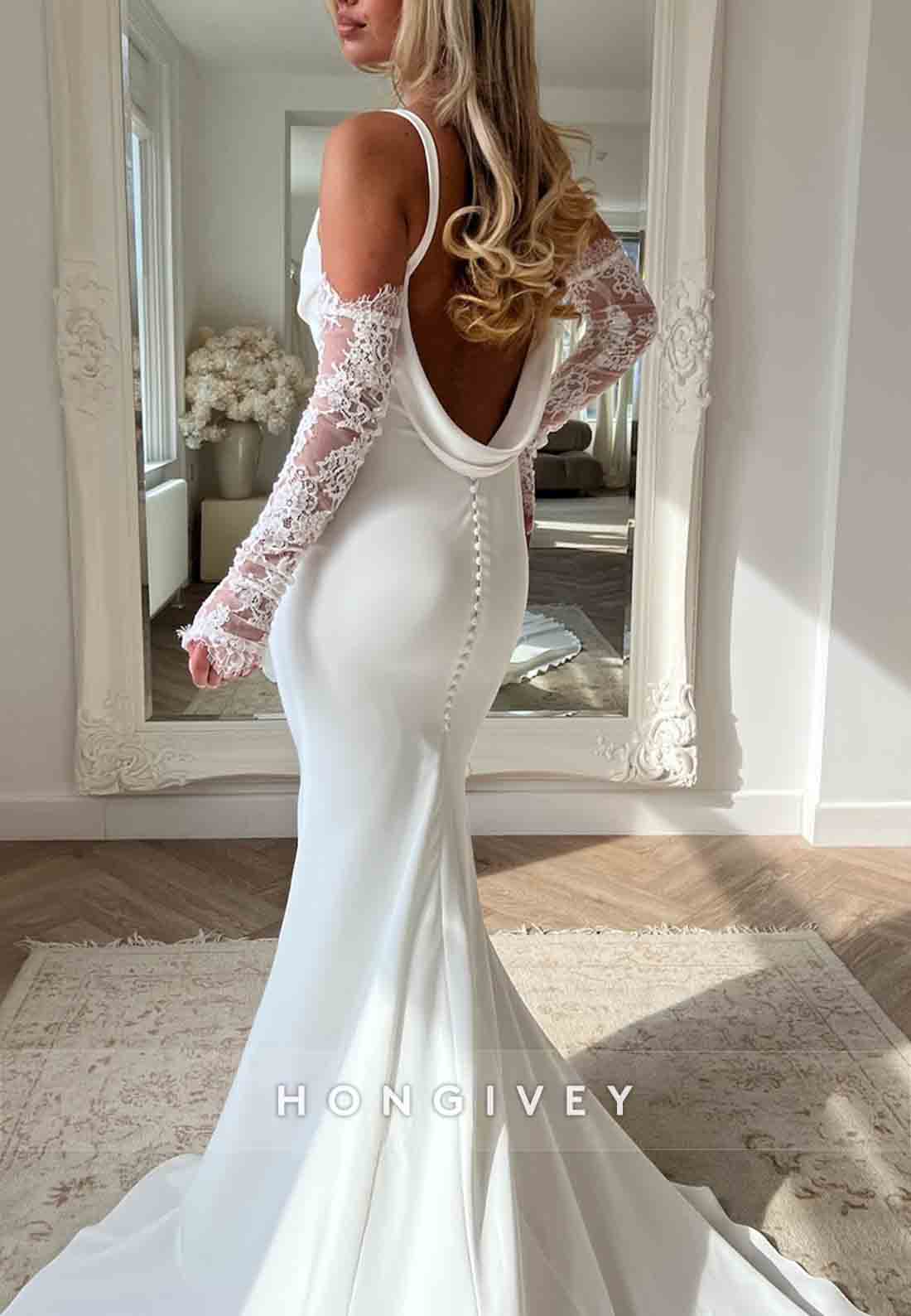 Cowl Neck Regular Straps V-Neck Cowl Back Lace Mermaid Wedding Dresses