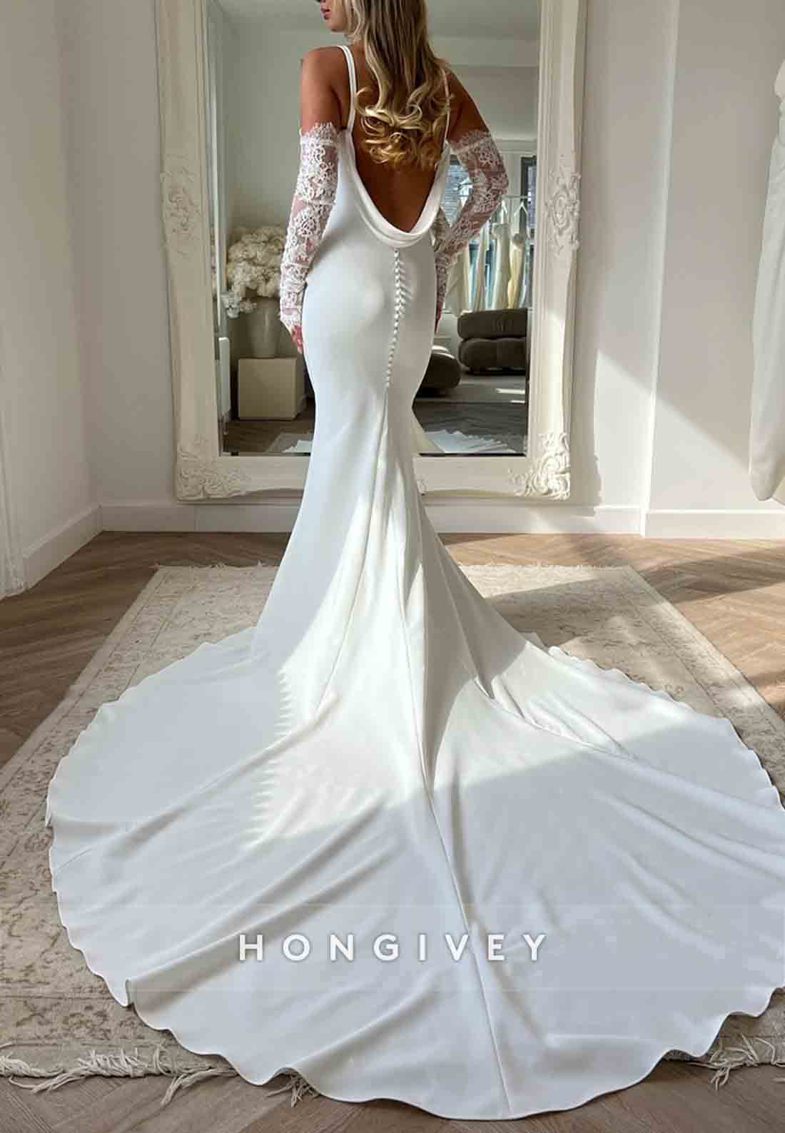 Cowl Neck Regular Straps V-Neck Cowl Back Lace Mermaid Wedding Dresses