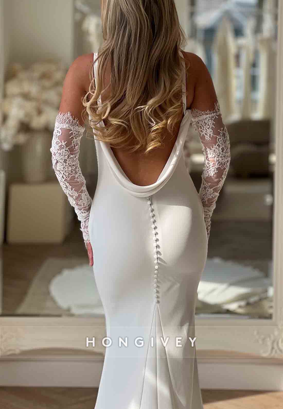 Cowl Neck Regular Straps V-Neck Cowl Back Lace Mermaid Wedding Dresses