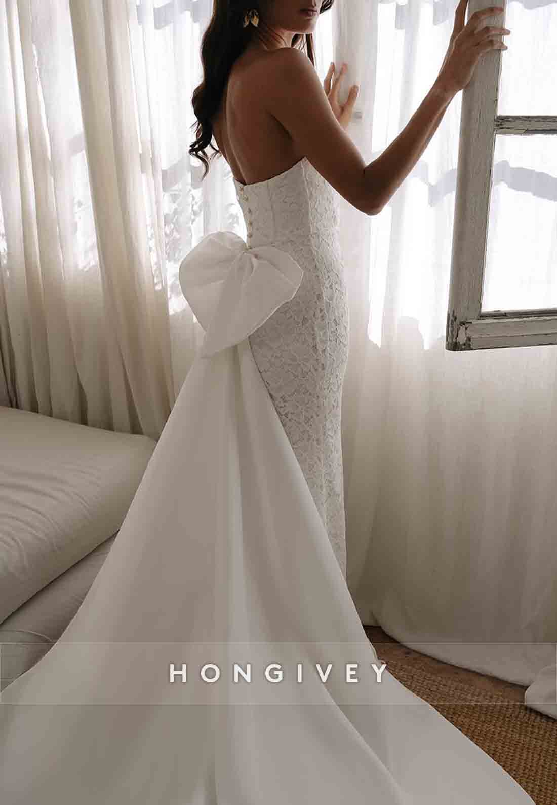Lace Strapless Court Train Flowers Sleeveless Mermaid Wedding Dresses
