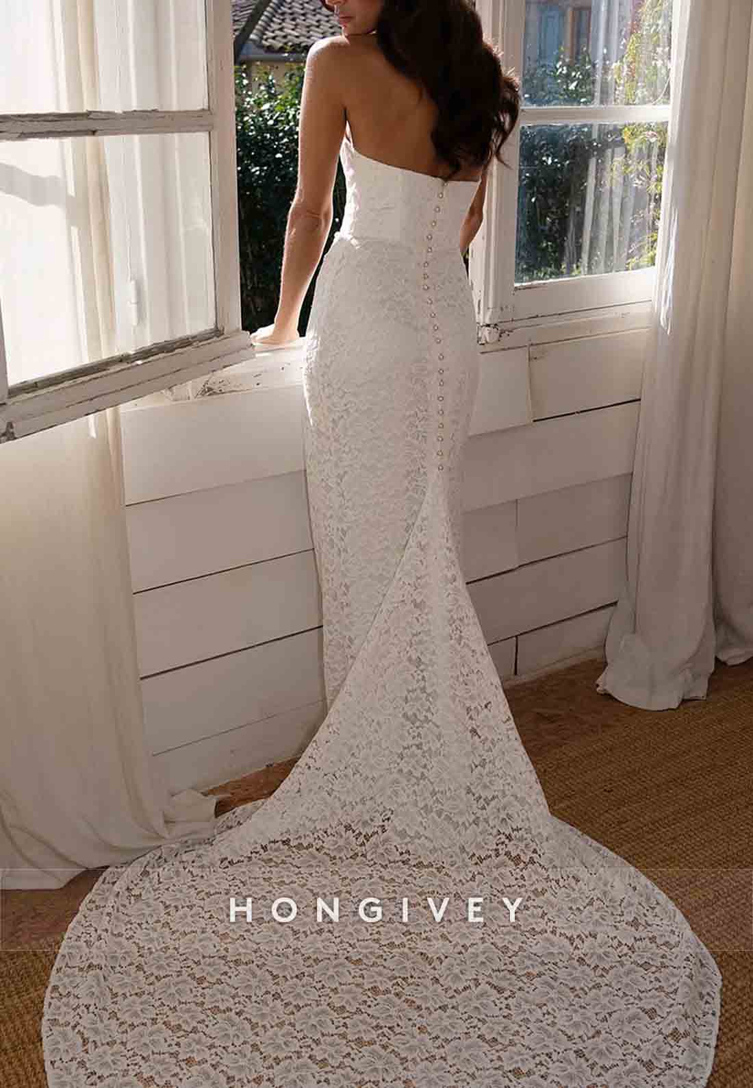 Lace Strapless Court Train Flowers Sleeveless Mermaid Wedding Dresses