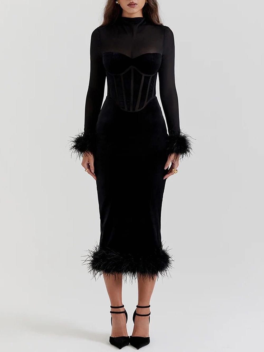 Mesh High Neck Long Sleeve Corset Feather Trim Bodycon Midi Dress