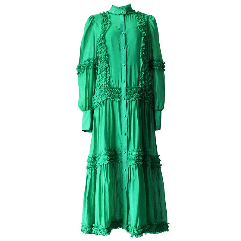 Ruffle Trim Long Sleeve Belted Tiered Maxi Dress