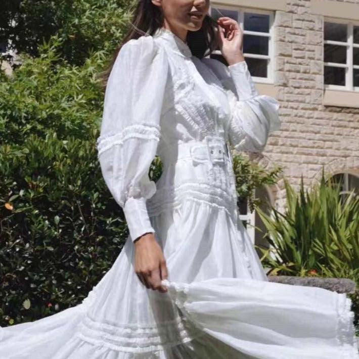 Ruffle Trim Long Sleeve Belted Tiered Maxi Dress