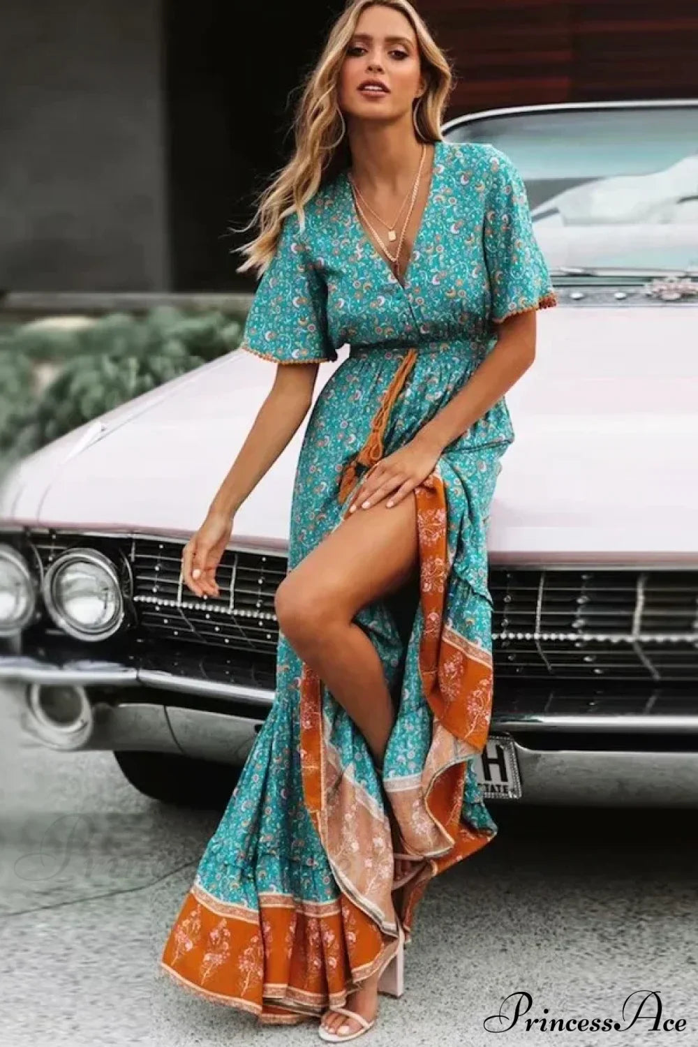 Maxi Dresses for Women Cotton Rayon Blue Floral Print Deep V-neck Boho Summer Dress