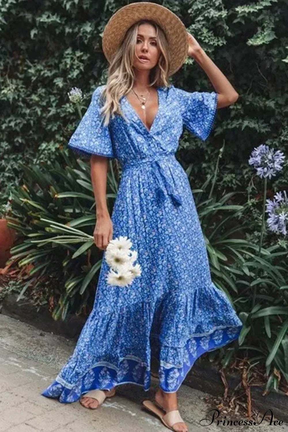 Maxi Dresses for Women Cotton Rayon Blue Floral Print Deep V-neck Boho Summer Dress
