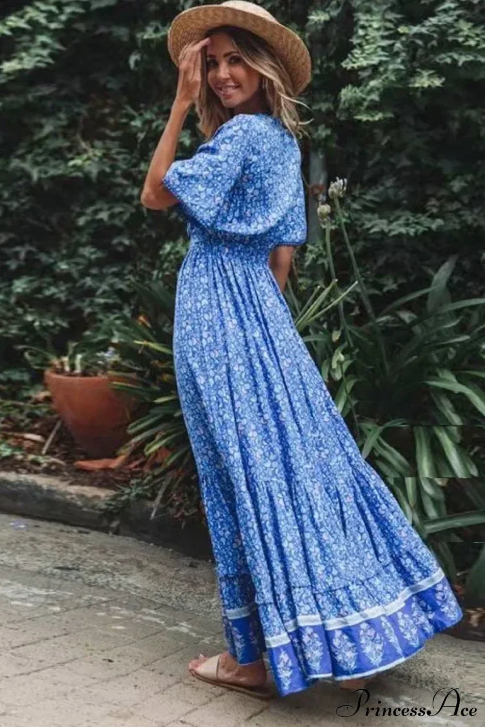 Maxi Dresses for Women Cotton Rayon Blue Floral Print Deep V-neck Boho Summer Dress