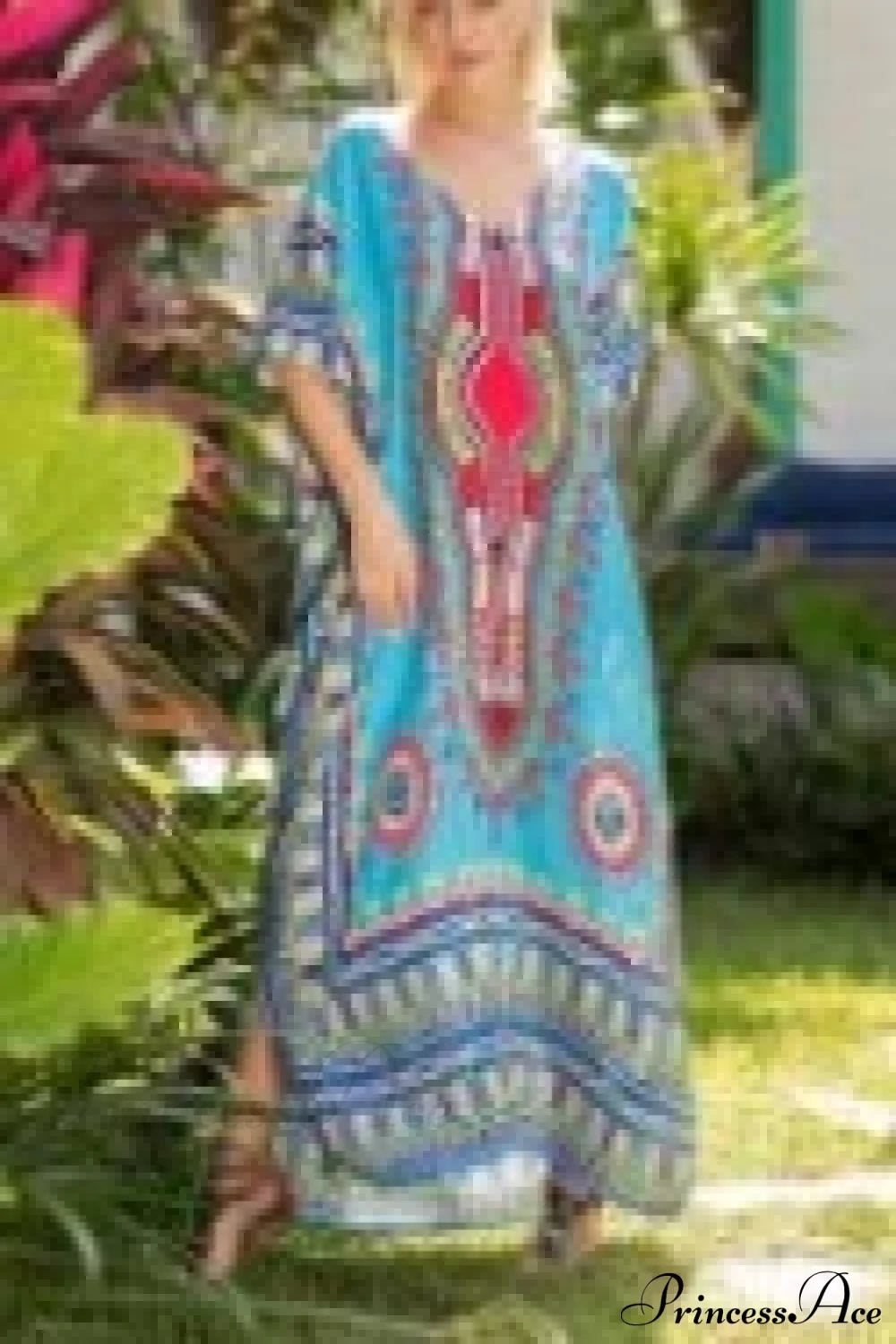Maxi Kaftan Dress Rayon Ethnic Floral Print Beach Sundress Blue / One Size bohodress-250126