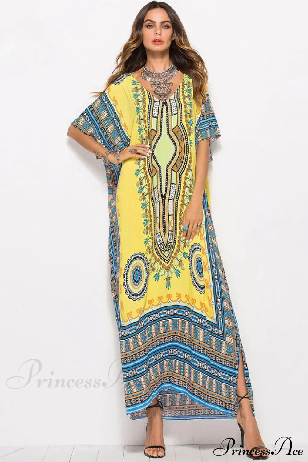 Maxi Kaftan Dress Rayon Ethnic Floral Print Beach Sundress