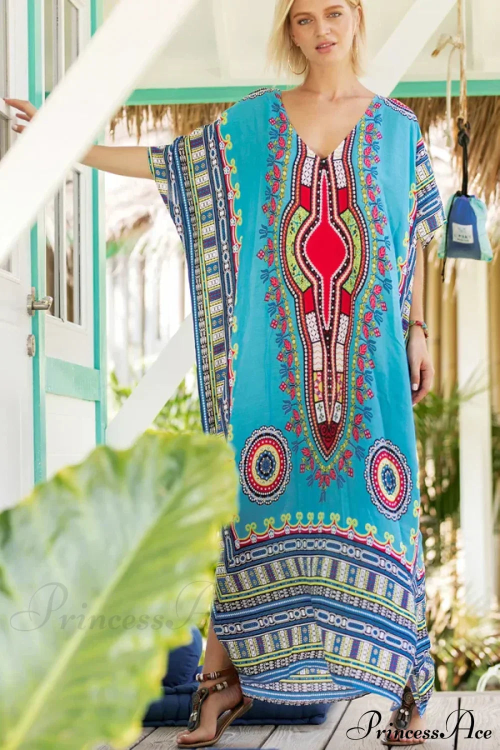 Maxi Kaftan Dress Rayon Ethnic Floral Print Beach Sundress